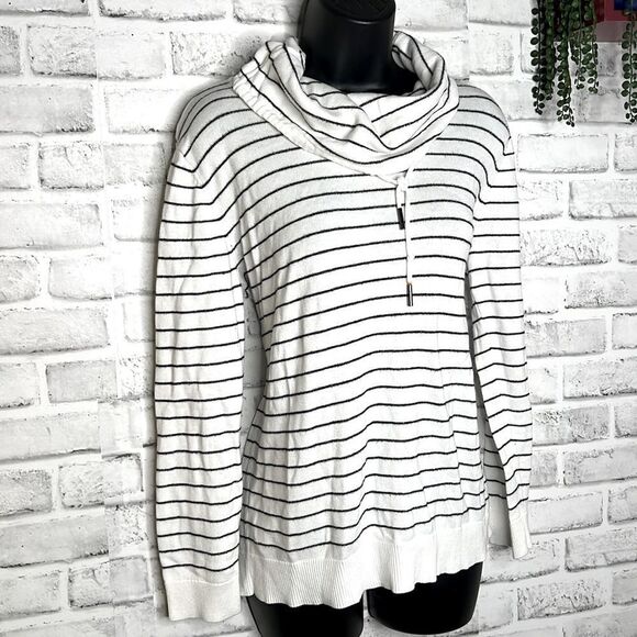 Calvin Klein Striped Cowl Neck Drawstring Sweatshirt Long Sleeve Top Size Medium - Picture 2 of 7